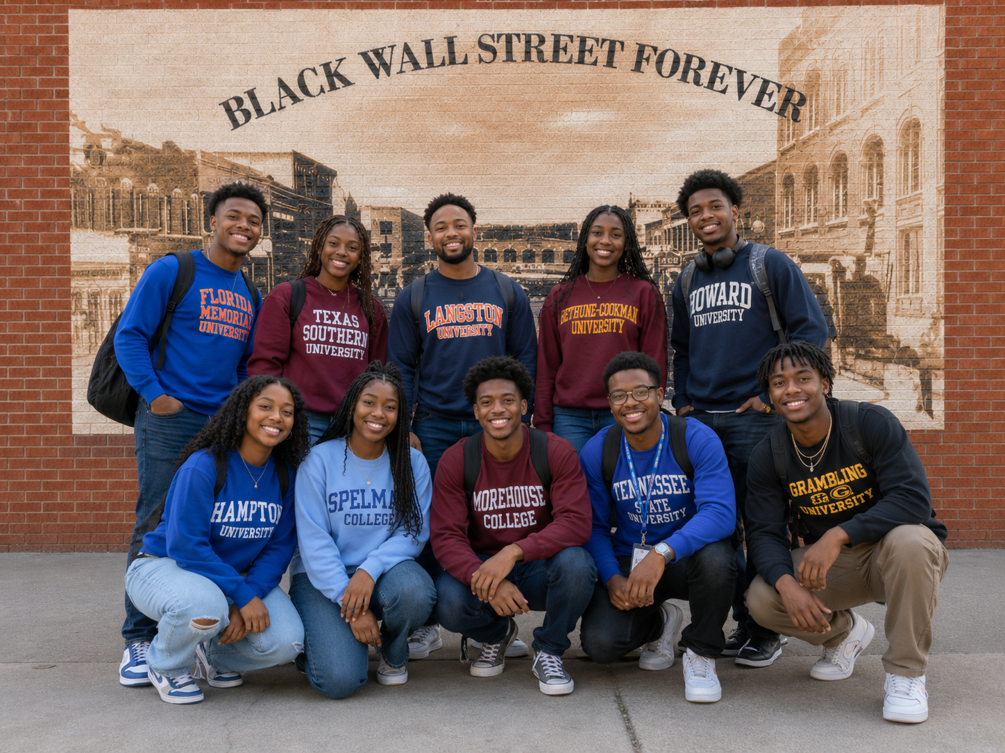 A group of HBCU students in university sweatshirts posing in front of the Black Wall Street Forever mural in Greenwood