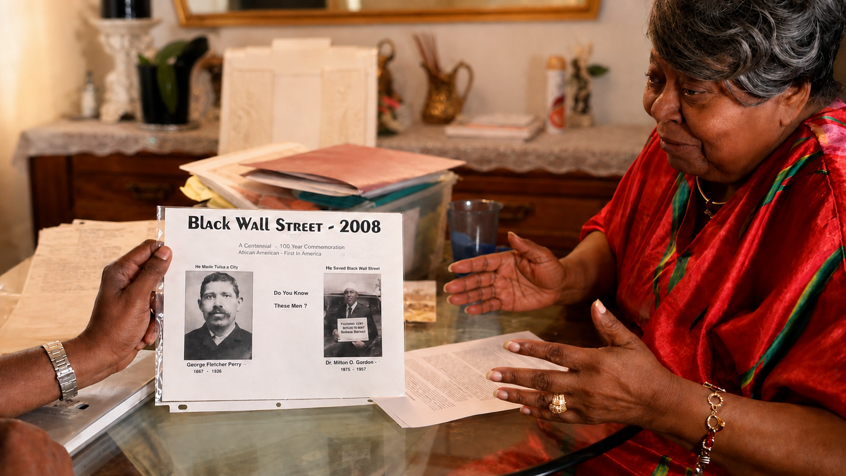 Princetta Rudd Newman shares archival photographs and a "Black Wall Street" reference sheet with a researcher, pointing out George Fletcher Perry and Dr. Milton O. Gordon